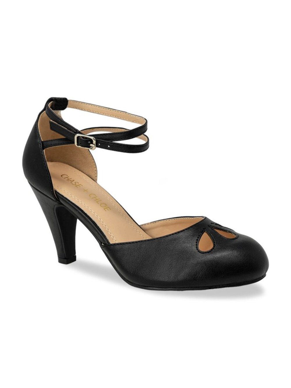 Women’s Vintage-Inspired Cutout Heels – Black Ankle Strap Pumps with Round Toe